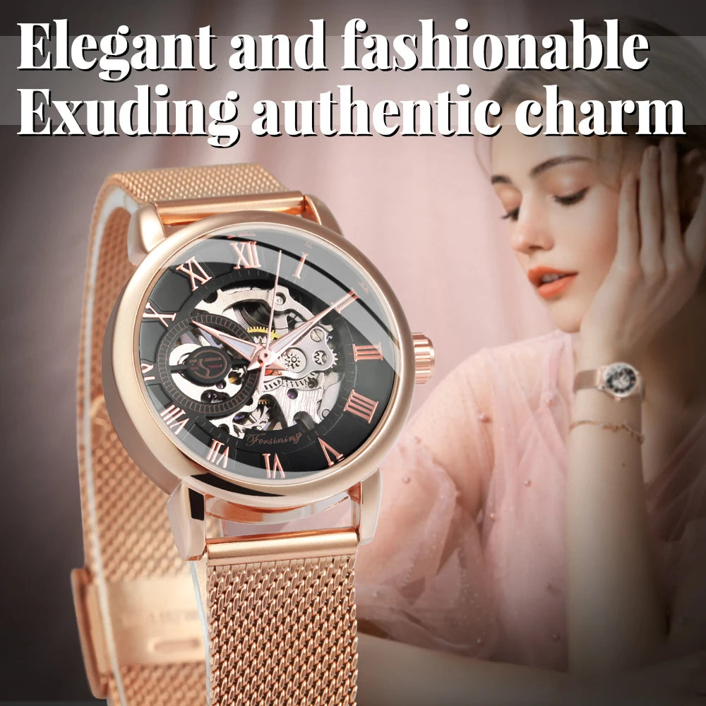 Rose Gold Skeleton Mechanical Watch for Women - Smarsty