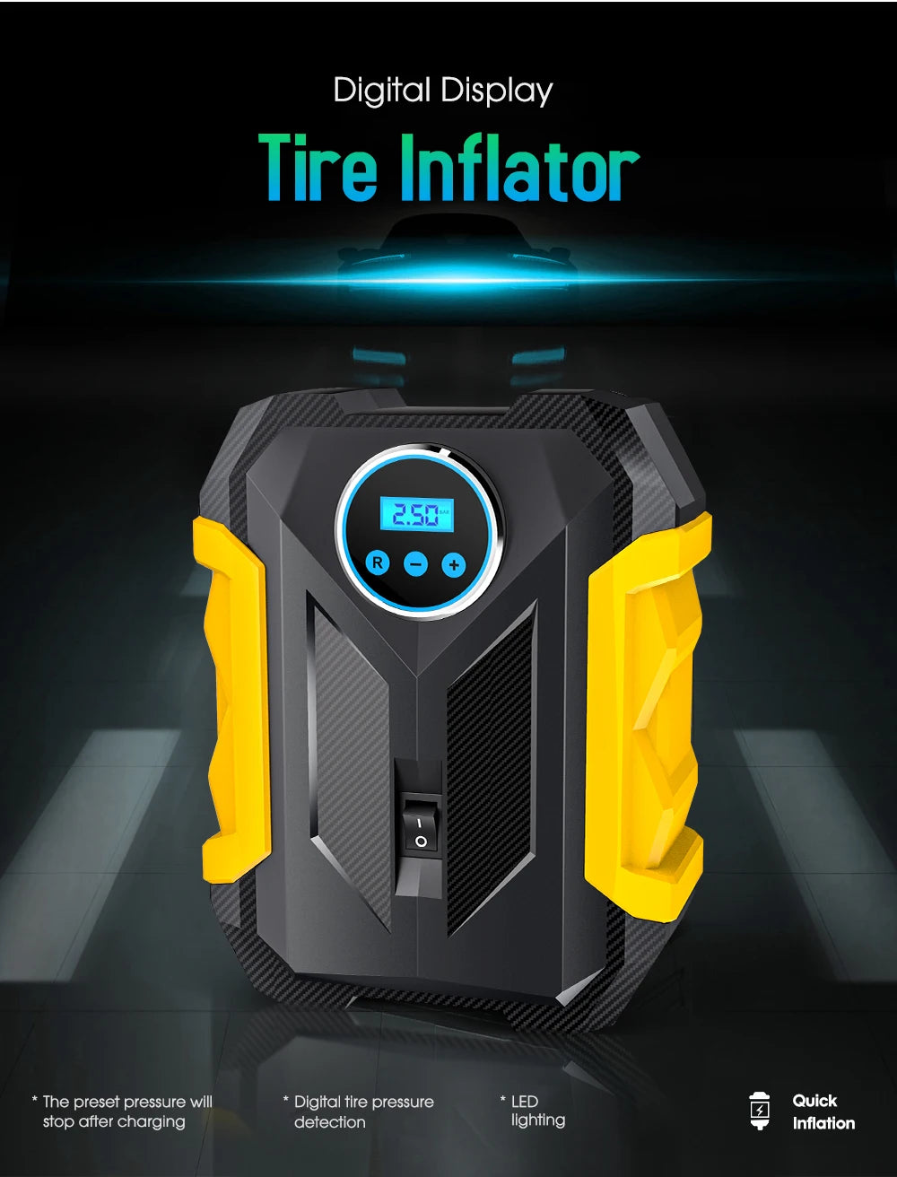 Portable Car Tire Inflator with LED Light and Digital Gauge - Smarsty