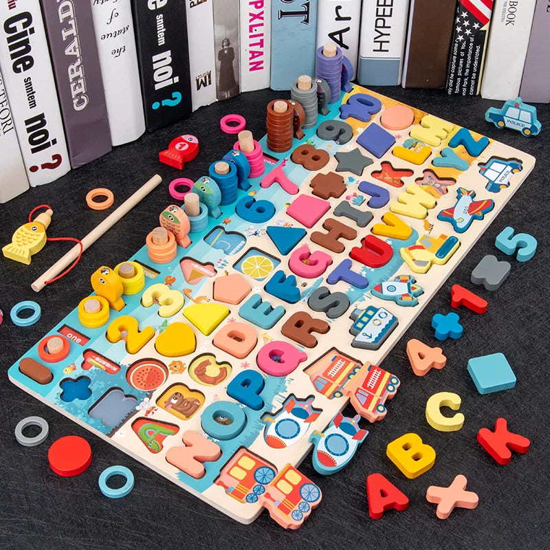 3D Preschool Children Educational Toys Wooden Montessori Arithmetic Magnetic Fishing Digital Shape Matching Building Block Toys - Smarsty