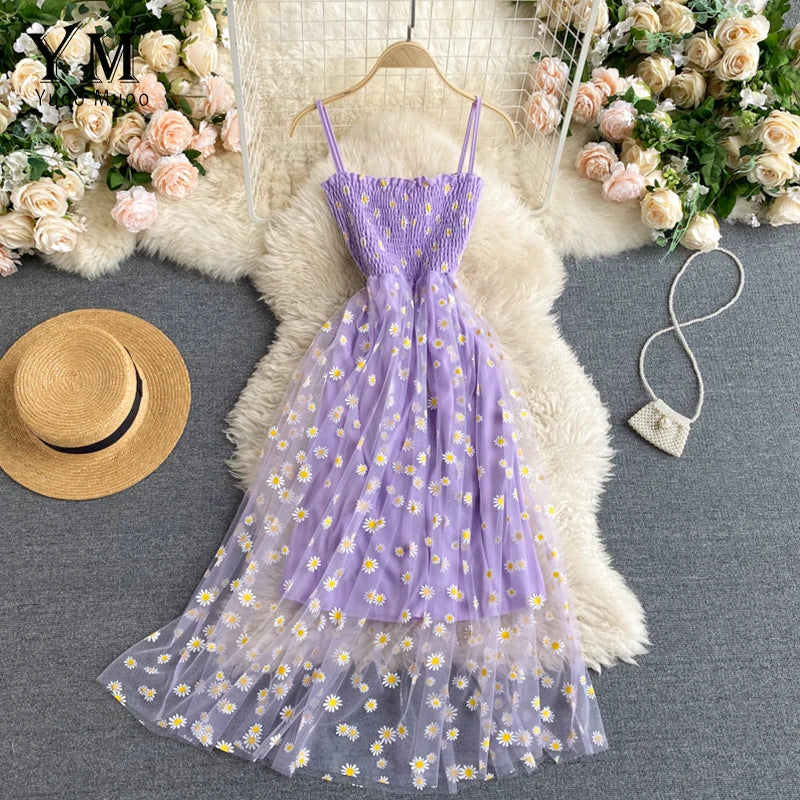 YuooMuoo Korean Fashion Daisy Flower Print Mesh Party Dress Summer Two Layers Spaghetti Strap Vacation Midi Dress Beach Vestidos - Smarsty