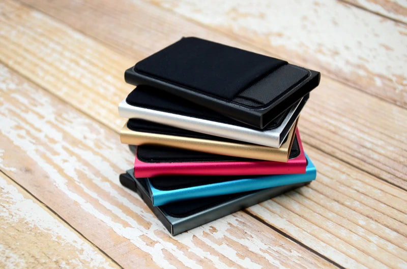 YUECIMIE Slim Aluminum Wallet With Elasticity Back Pouch ID Credit Card Holder Mini RFID Wallet Automatic Pop up Bank Card Case