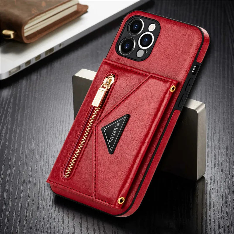 Zipper Wallet Phone Case For iPhone 17 Air 16 Plus 16E 15 Pro Max Leather Card Back Crossbody Strap Leather Magnetic Wallet Phone Case by Smarsty