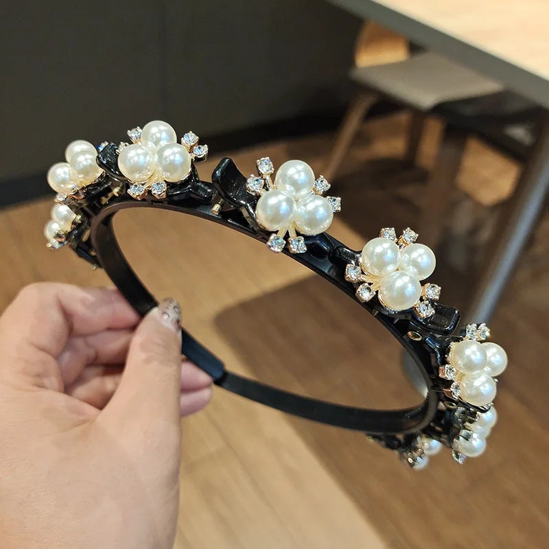 Double Layer Braided Headband With Pearl Accent Comfortable - Smarsty