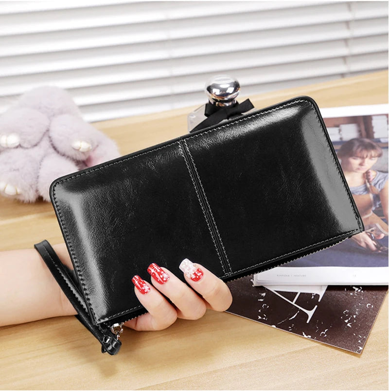 Women's Vintage Oil Wax PU Leather Clutch Wallet Female Large Capacity Phone Purse Ladies Wristband Simple Card Holder Pouch Bag