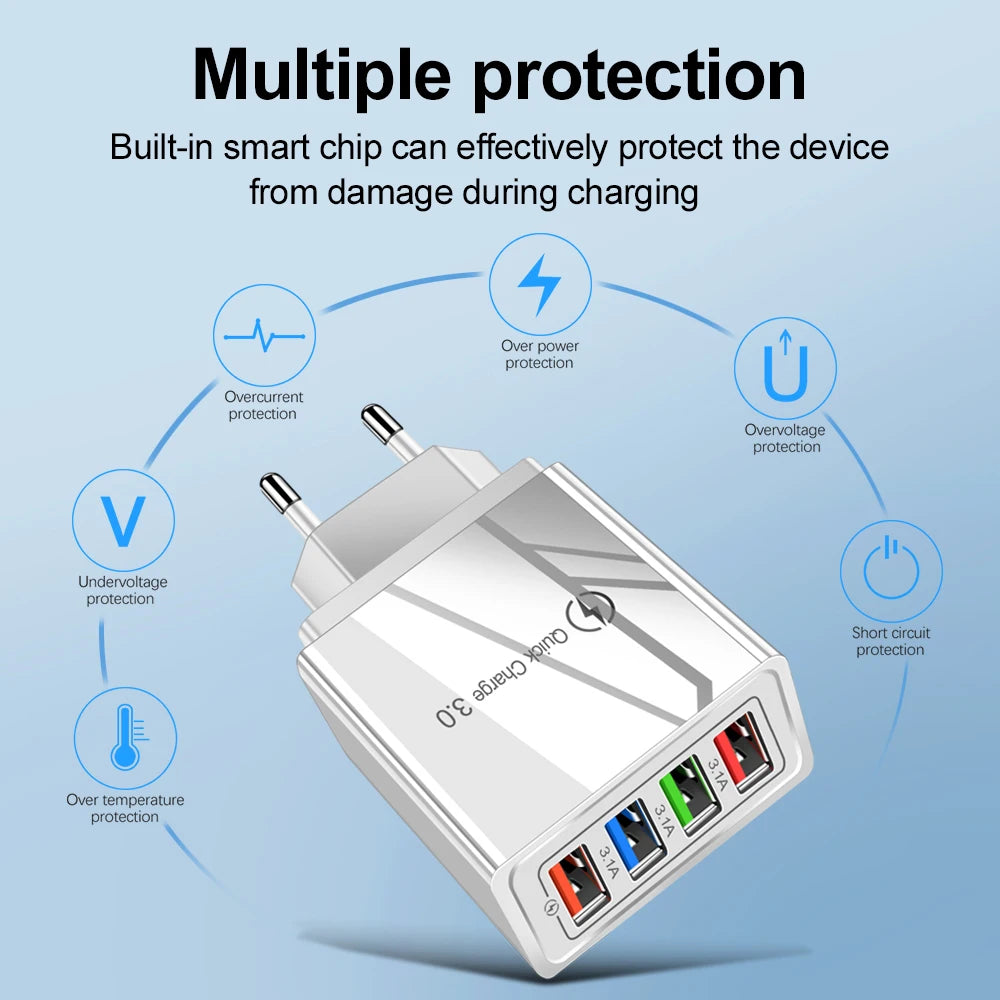 4 Port USB Quick Charge 3.0 Wall Charger EU Connector - Smarsty