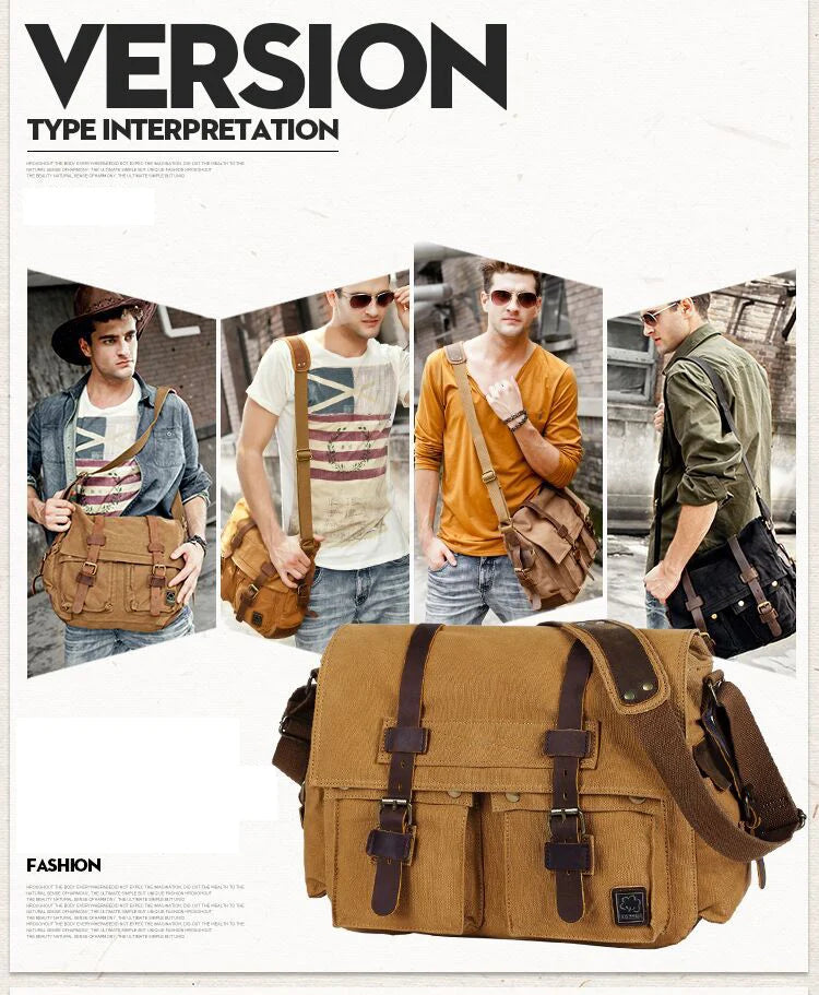 Vintage Leather Canvas Messenger Bag Unisex Crossbody - Smarsty
