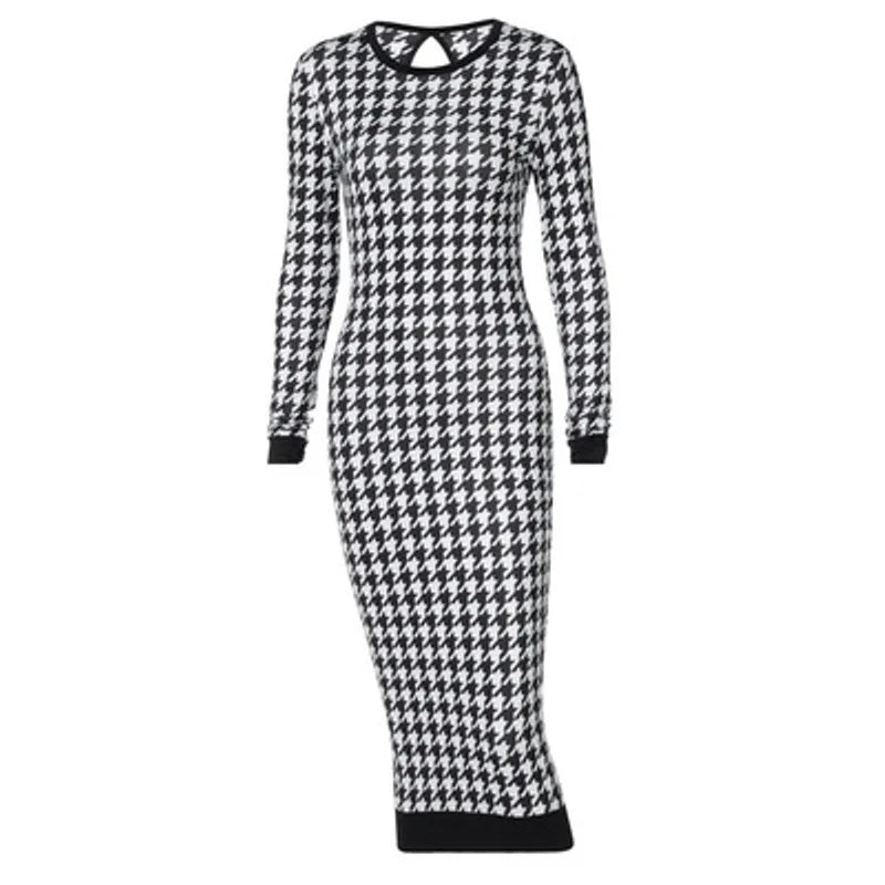 Houndstooth Print Women Long Sleeve Midi Dress Hollow Out Bodycon Sexy Streetwear 2022 Autumn Winter Club Elegant Slim - Smarsty