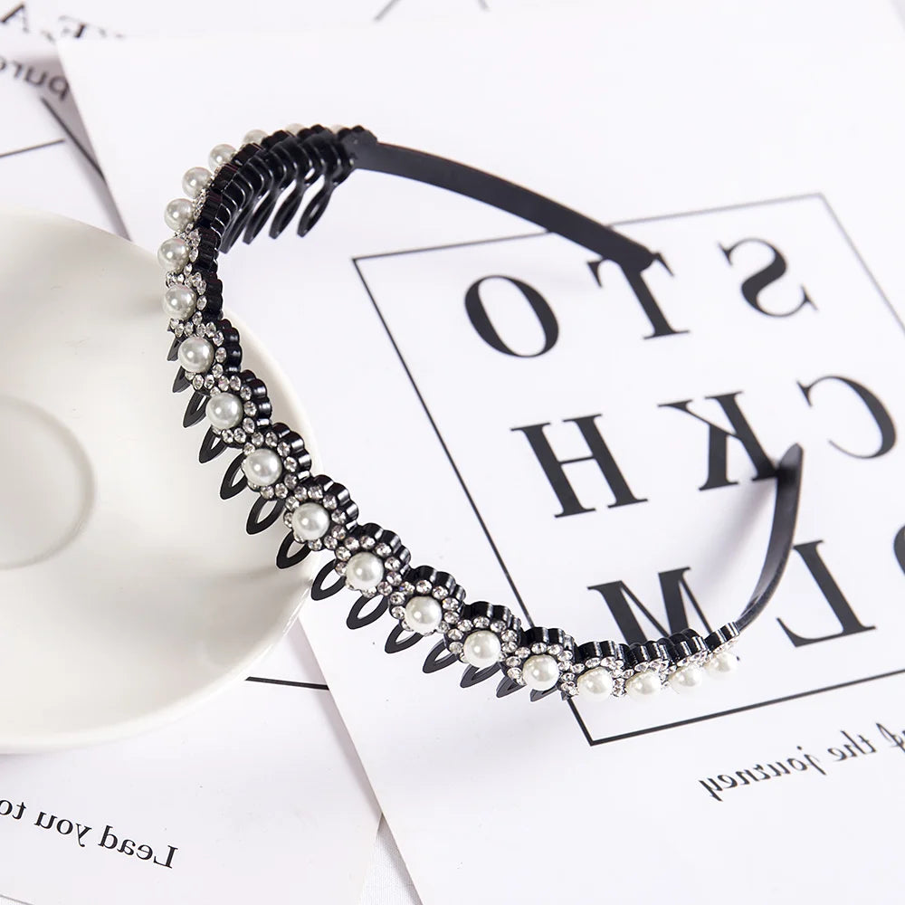 Double Layer Braided Headband With Pearl Accent Comfortable - Smarsty