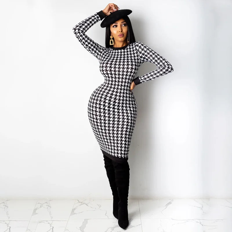 Houndstooth Print Women Long Sleeve Midi Dress Hollow Out Bodycon Sexy Streetwear 2022 Autumn Winter Club Elegant Slim - Smarsty
