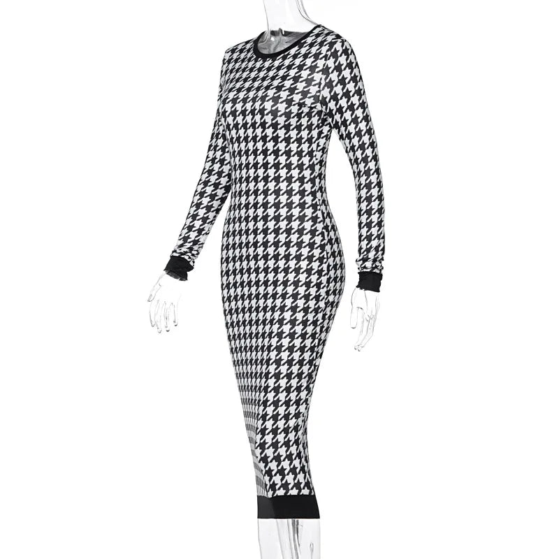 Houndstooth Print Women Long Sleeve Midi Dress Hollow Out Bodycon Sexy Streetwear 2022 Autumn Winter Club Elegant Slim - Smarsty