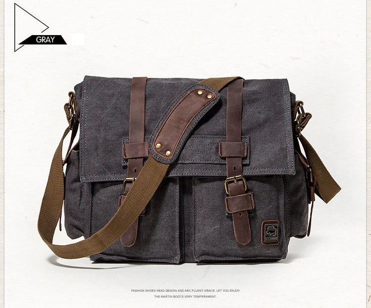 Vintage Leather Canvas Messenger Bag Unisex Crossbody - Smarsty