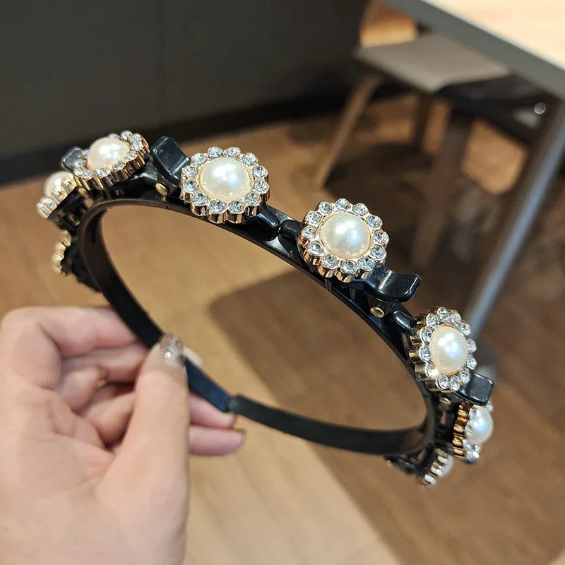 Double Layer Braided Headband With Pearl Accent Comfortable - Smarsty