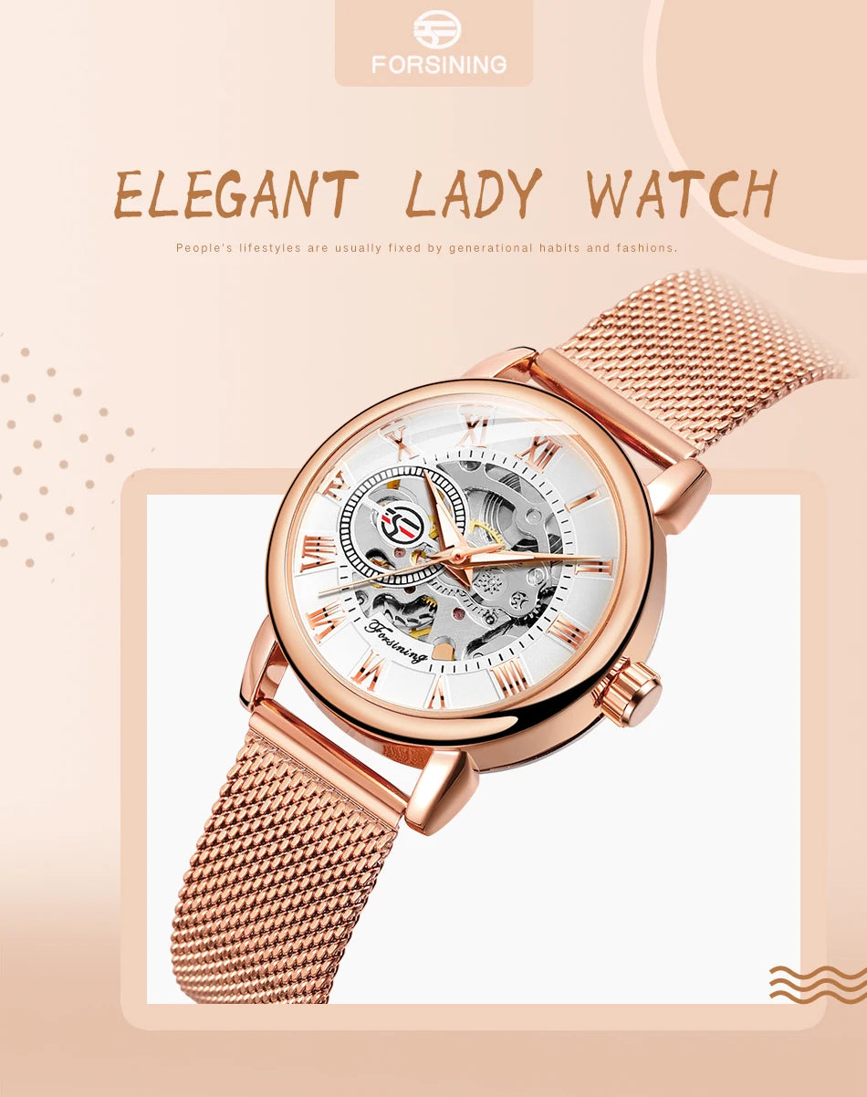 Fashionable Women's Mechanical Automatic Watch with Mesh Strap - Smarsty