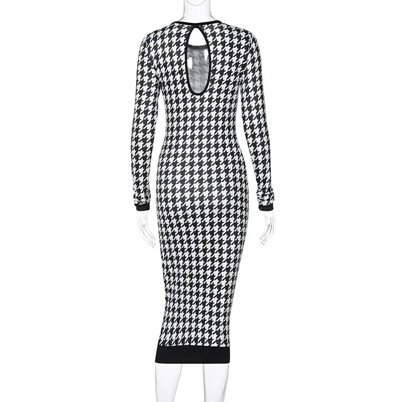 Houndstooth Print Women Long Sleeve Midi Dress Hollow Out Bodycon Sexy Streetwear 2022 Autumn Winter Club Elegant Slim - Smarsty