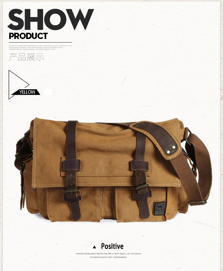 Vintage Leather Canvas Messenger Bag Unisex Crossbody - Smarsty