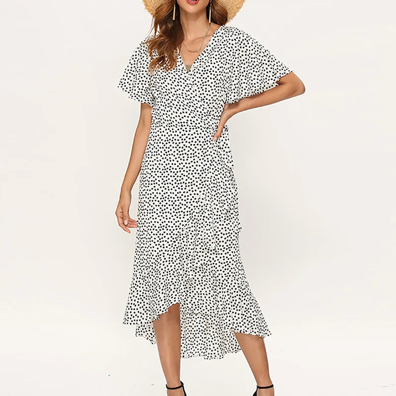 Summer Beach Maxi Dress Women Floral Print Boho Long Chiffon Dress Ruffles Wrap Casual V-Neck Split Sexy Party Dress Robe Femme - Smarsty