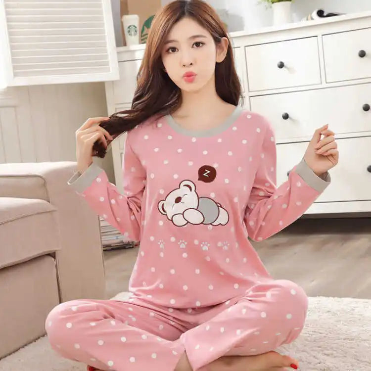 Autumn Thin 2pieces Pyjamas Set Women 2025 Round Neck Girls Bear Pajamas Sets Teacup Cat Full Sleepwear Tops lovers Pajama Mujer - Smarsty