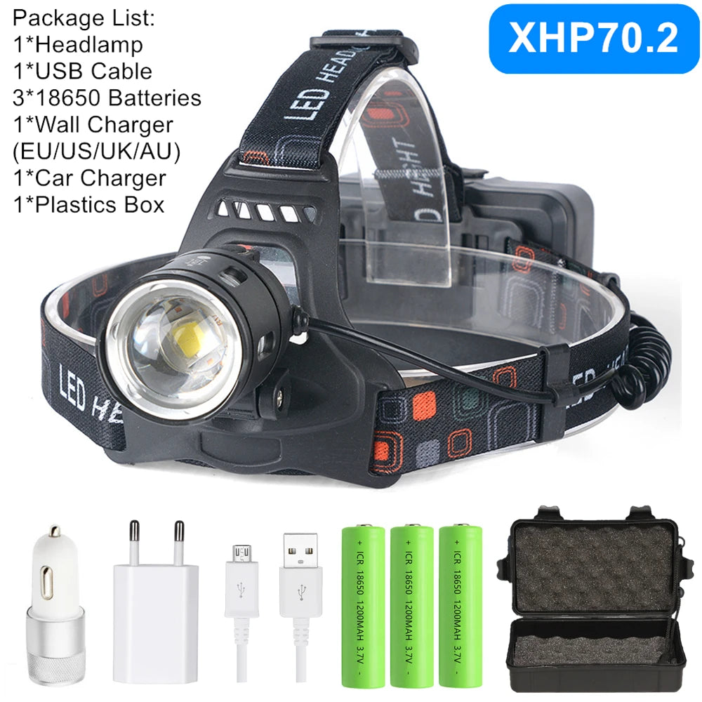 Powerful XHP70.2 XHP50.2 Led Headlamp Headlight Zoom Head Lamp Flashlight Torch 18650 battery USB Rechargeable Fishing Lantern by Smarsty