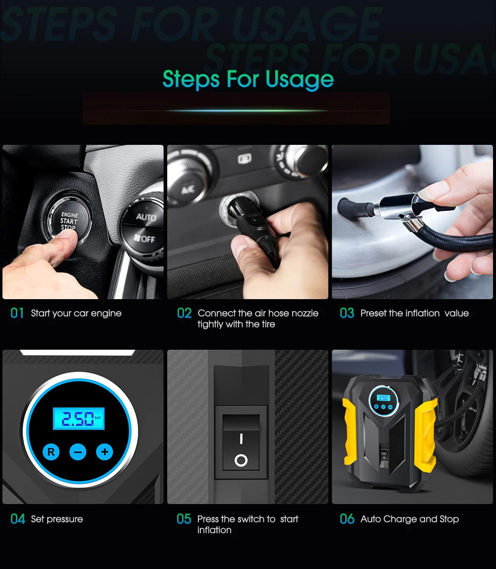 Portable Car Tire Inflator with LED Light and Digital Gauge - Smarsty