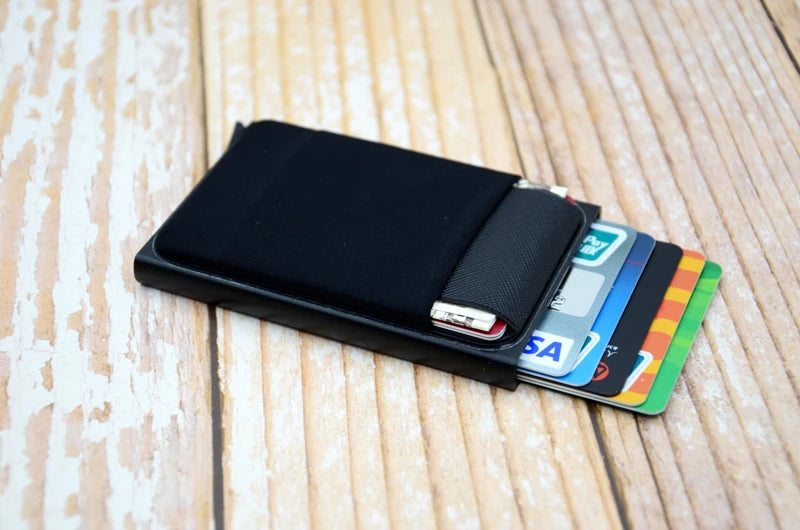 YUECIMIE Slim Aluminum Wallet With Elasticity Back Pouch ID Credit Card Holder Mini RFID Wallet Automatic Pop up Bank Card Case