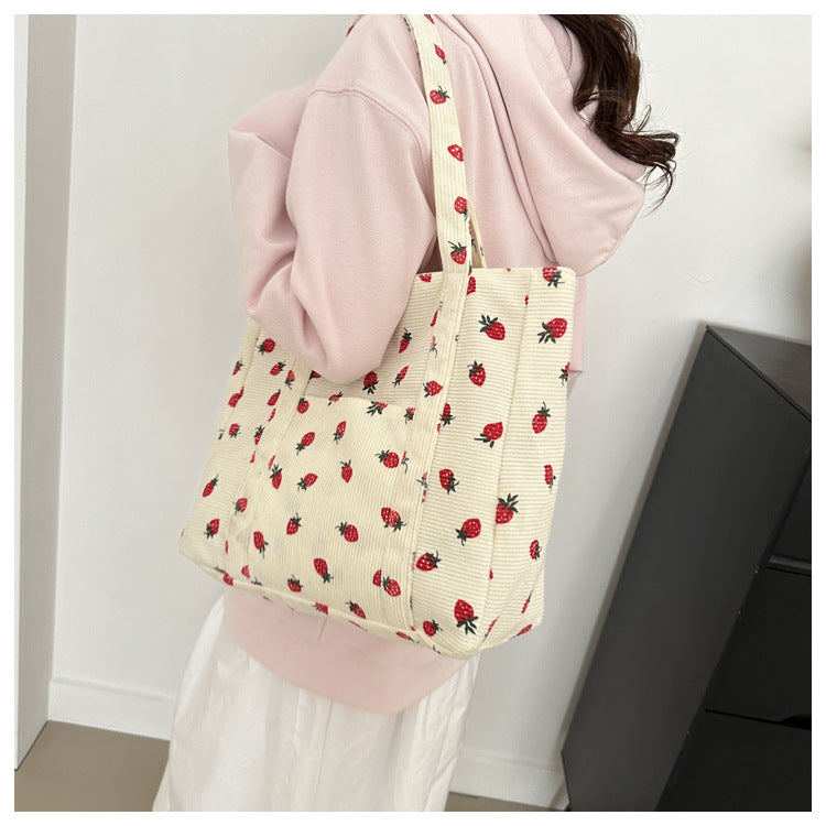 Corduroy Handbag Strawberries Beach Tote Large Capacity - Smarsty