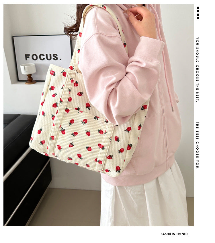 Corduroy Handbag Strawberries Beach Tote Large Capacity - Smarsty