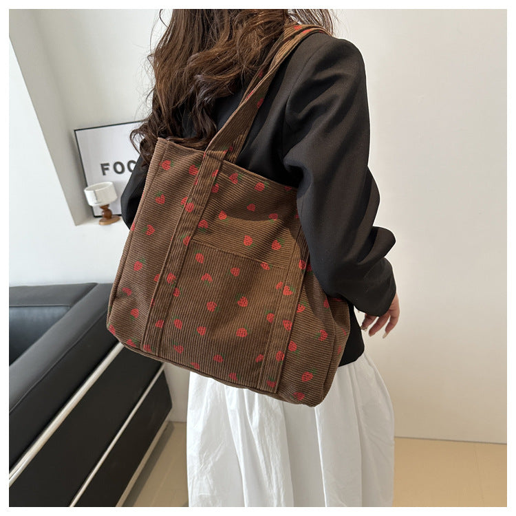 Corduroy Handbag Strawberries Beach Tote Large Capacity - Smarsty