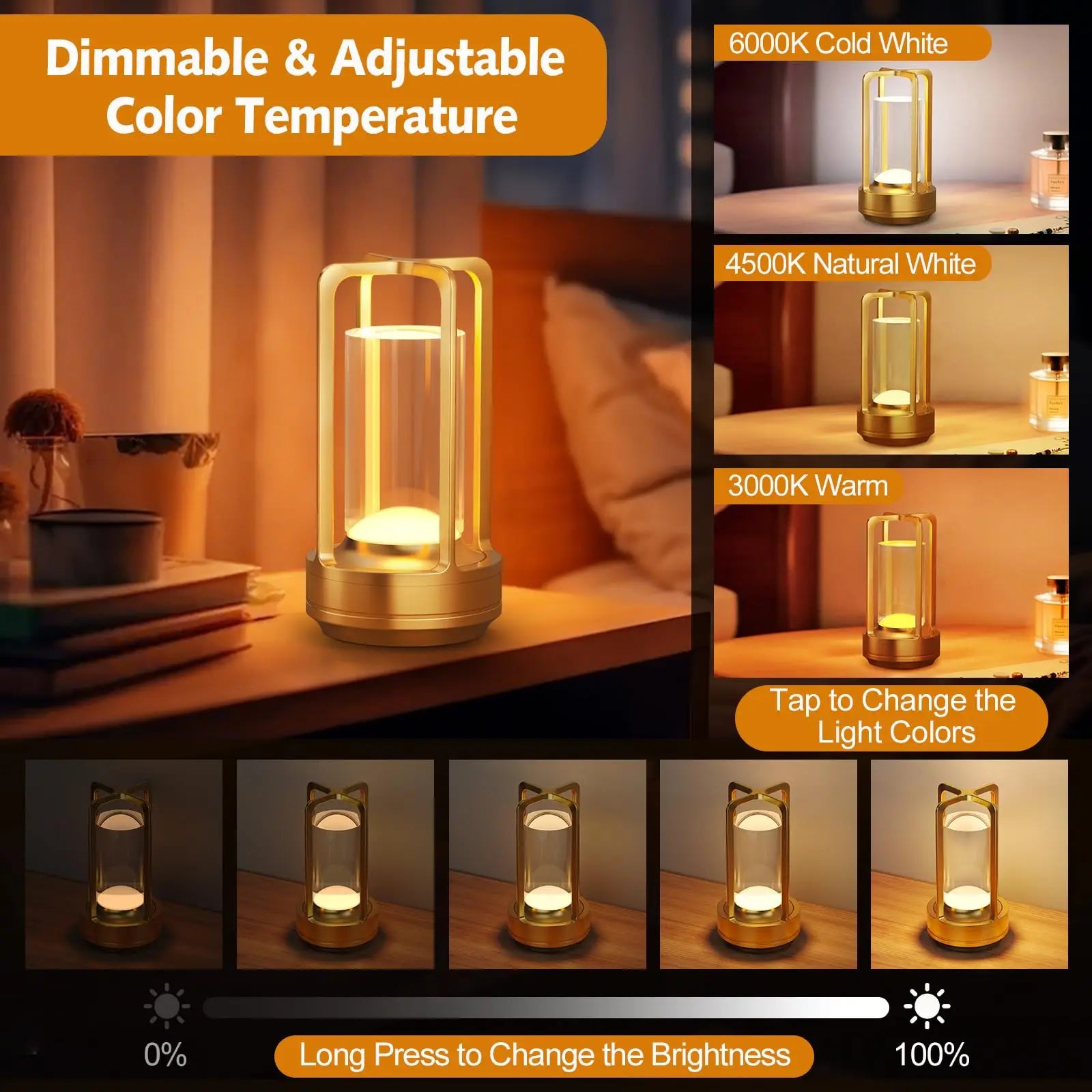 Cordless Rechargeable Portable Table Lamp - 3 Color Dimmable Metal Light for Home & Outdoor