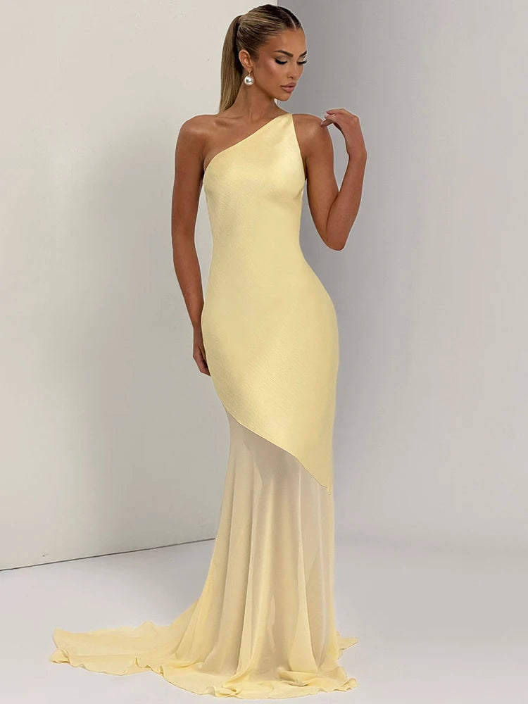 Mozision One Shoulder Backless Sexy Maxi Dress Women Gown Fashion Patchwork Sleeveless Bodycon Club Party Long Dress Elegant - Smarsty