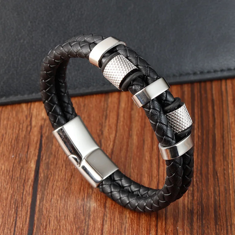 Men's Leather Charm Bracelet Stainless Steel Magnetic Clasp - Smarsty