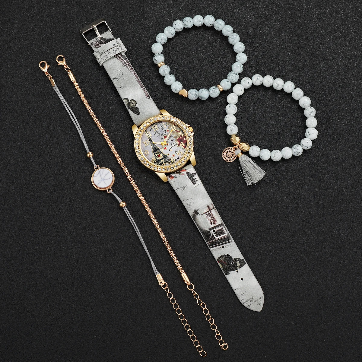 Fashion Rhinestone Women's Quartz Watch Set with Floral Design - Smarsty