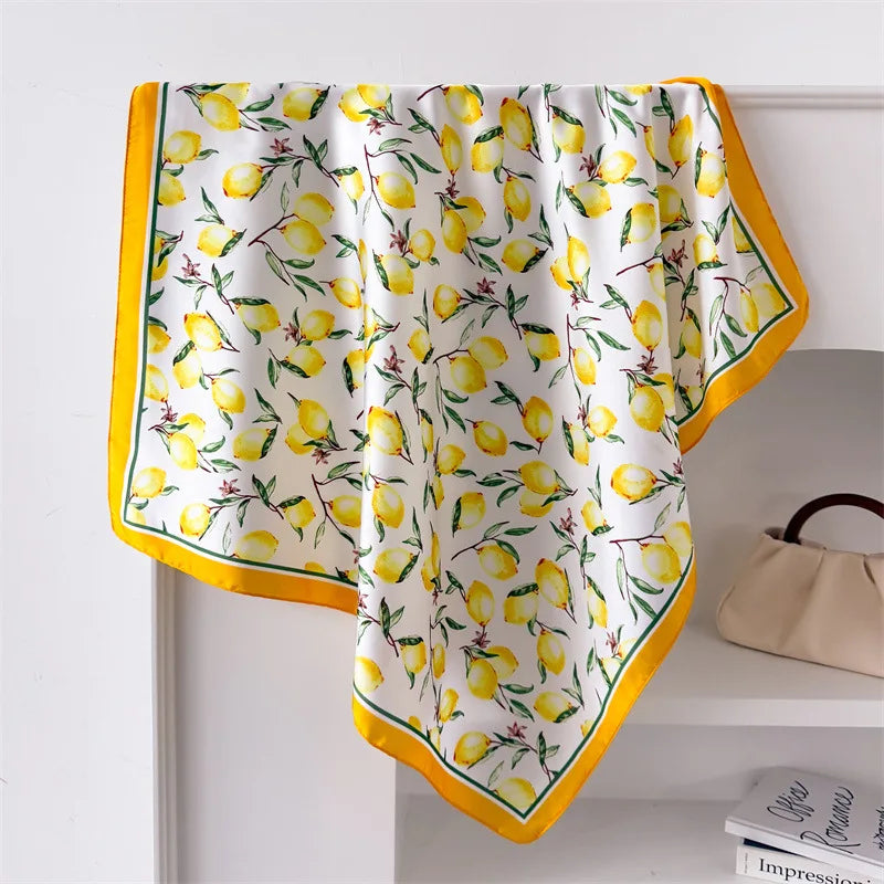 Summer Satin Neck Scarf for Women with Bright Lemon Print - Smarsty