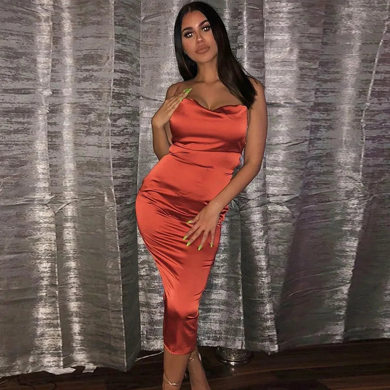 Neon Satin Lace Up Women's Long Midi Dress Light Pink Bodycon Backless Elegant Party Sexy Club Clothes 2022 Summer Dinner Outfit - Smarsty