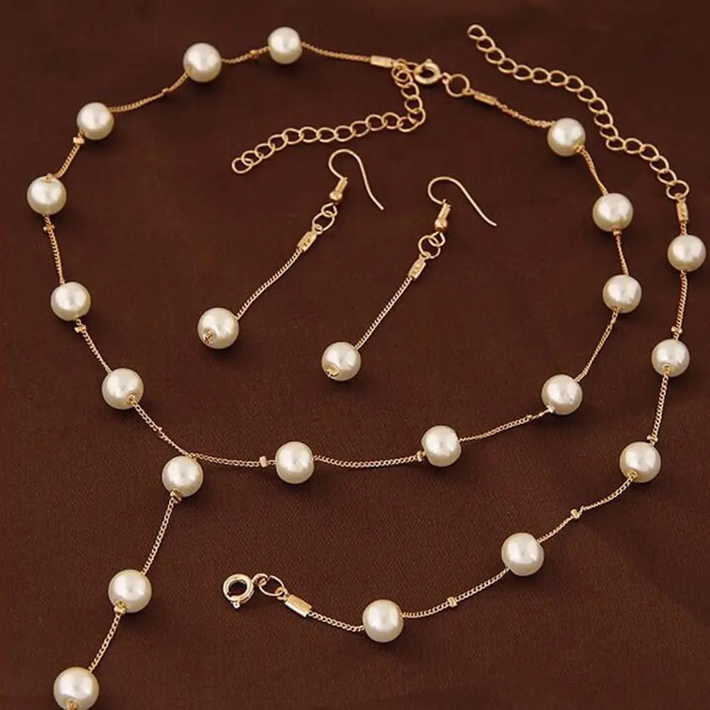 Gold Tone Necklace Earrings Bracelet Set With Tassel Pearls - Smarsty