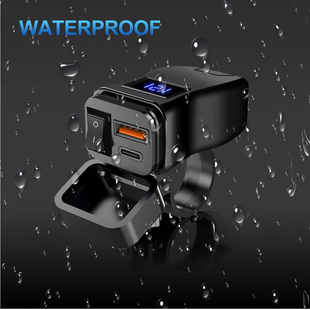 PD QC3.0 Motorcycle USB Fast Charger 60W Handlebar Dual USB Socket with Switch Voltmeter Waterproof 12V Power Supply Adapter - Smarsty