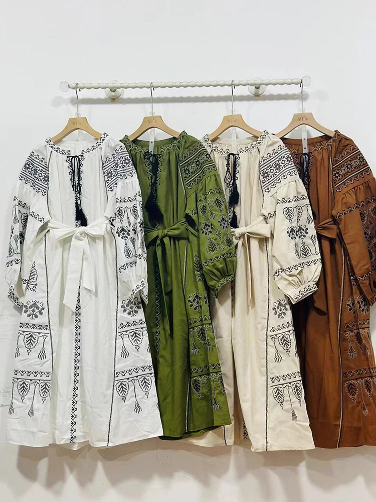 Bohemian Retro Ethnic Style Dress Women's New Spring Autumn Embroidered Lace Up Lantern Sleeves Waist Cinching Long Dress A155 - Smarsty