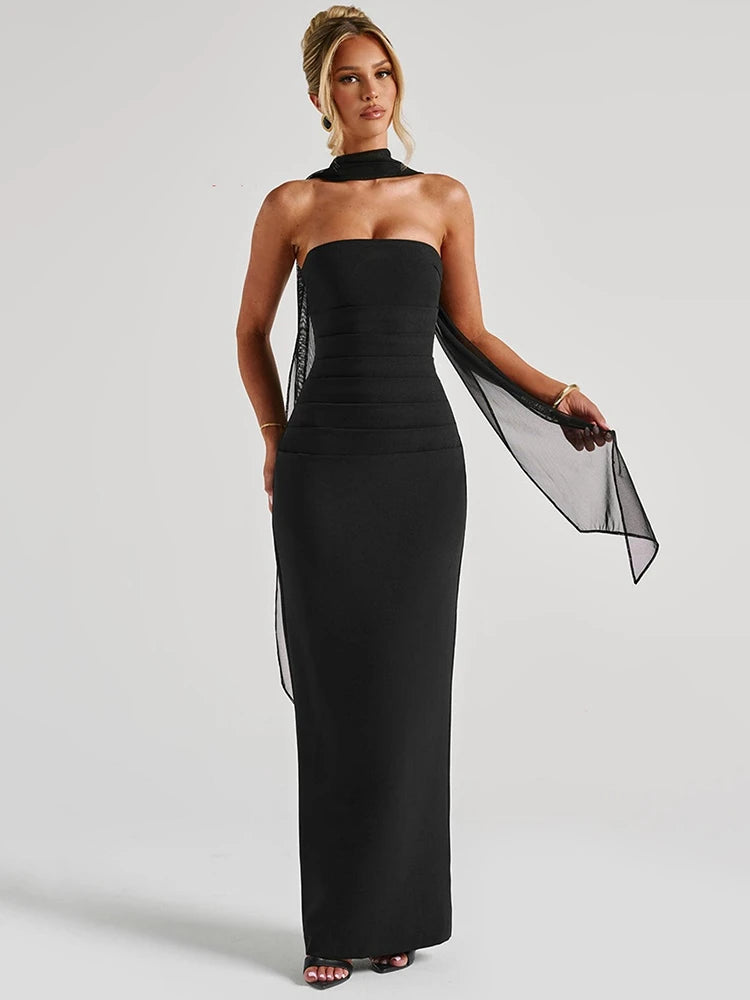 Mozision Scarf Collar Strapless Sexy Maxi Dress For Women Fashion Off-shoulder Backless Bodycon Club Party Long Dress Elegant - Smarsty