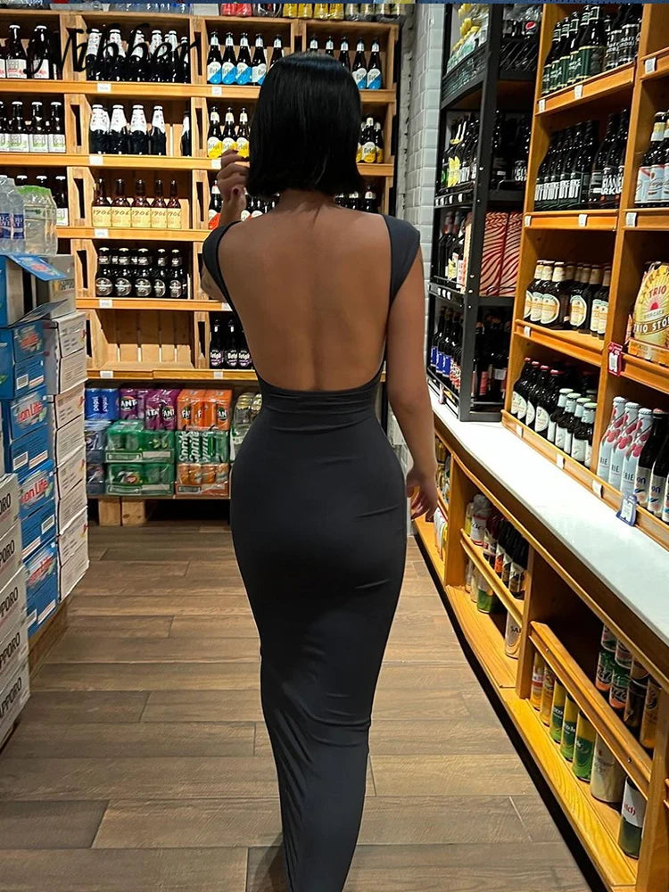 Nibber Solid Sexy Backless Maxi Dress Women Elegant Elastic Slim Short Sleeve Long dresses Female Bodycon Streetwear Clothing - Smarsty