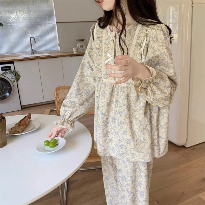 Women Plus Size Pajamas Garden Style Student Homewear Two-Piece Korean Version of the Bow Can Be Worn Outside Long-Sleeved women - Smarsty