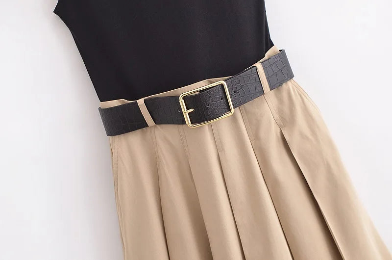 MUJER 2025 Woman Dresses Belt Pleated Midi Dress Women Sleeveless Summer Dress Woman Knitted Party Dresses for Women Sundress - Smarsty