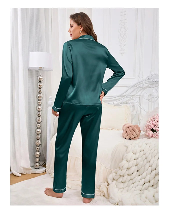 Autumn Satin Pajama for Women Heart-shaped Embroidery Sleepwear & Loungewear Long Sleeve Top & Pants Home Clothes Pyjama 2 Piece - Smarsty