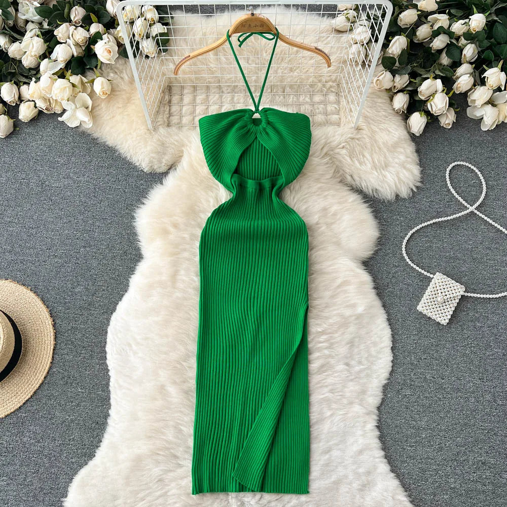 YuooMuoo Chic Fashion Sexy Package Hips Split Knitted Summer Dress 2025 Women Slim Elastic Bodycon Party Dress Streetwear Outfit - Smarsty