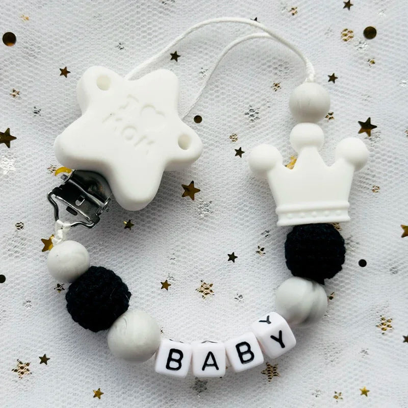 NEW Custom Personalized Name Pacifier Clip Handmade Beech Wooden Chain Silicone Crown Holder Soother Baby Teething Toy Chew Gift by Smarsty