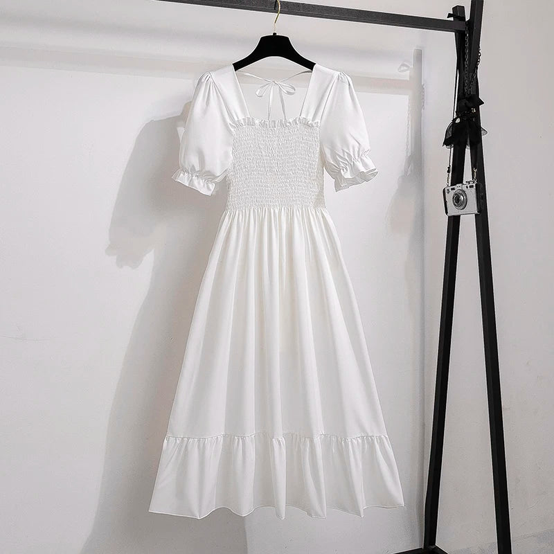 Summer Pleated Women Chiffon Dresses Casual Beach Holiday Short Sleeve Square Collar Woman Midi Dress Bohemian Mujer Vestidos - Smarsty