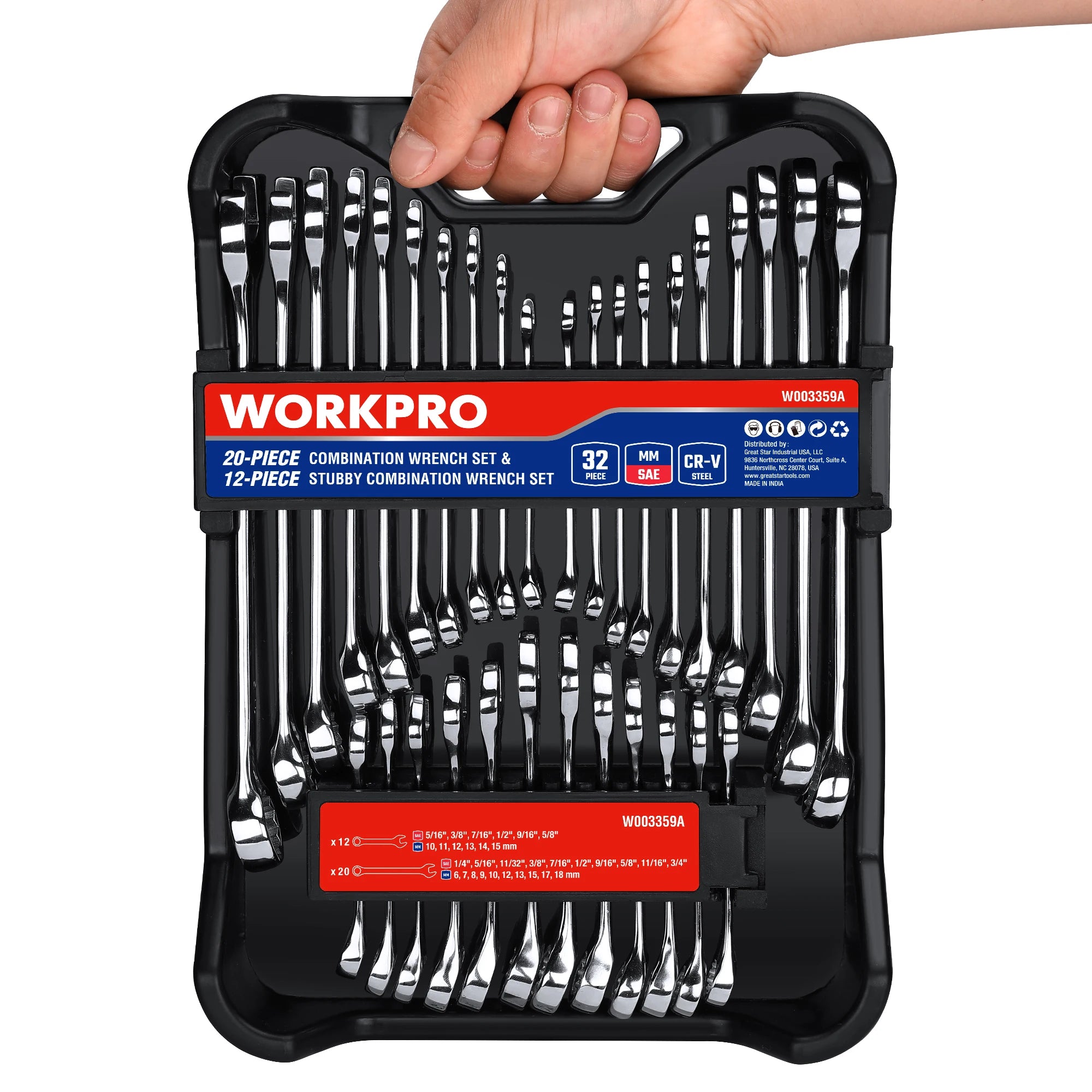 WORKPRO 32-Piece SAE & Metric Combination Wrenches Set, 20-Piece Standard wrenches and 12-Piece Stubby Wrenches with Organizer