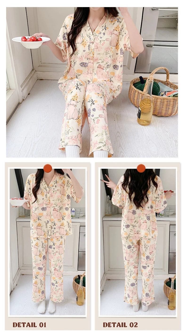 Pigma For Women Cotton Pajama Sleepwear Big Size Pajamas Nightwear Summer Women's Short Sleeved Long Pants Cardigan Pajama Set - Smarsty