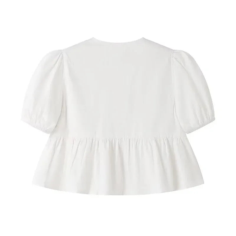 MUJER Ruffle Blouses Woman Puff Sleeve Shirts and Blouses for Women White Black Ruched Crop Top Female Ruched Women's Blouse - Smarsty