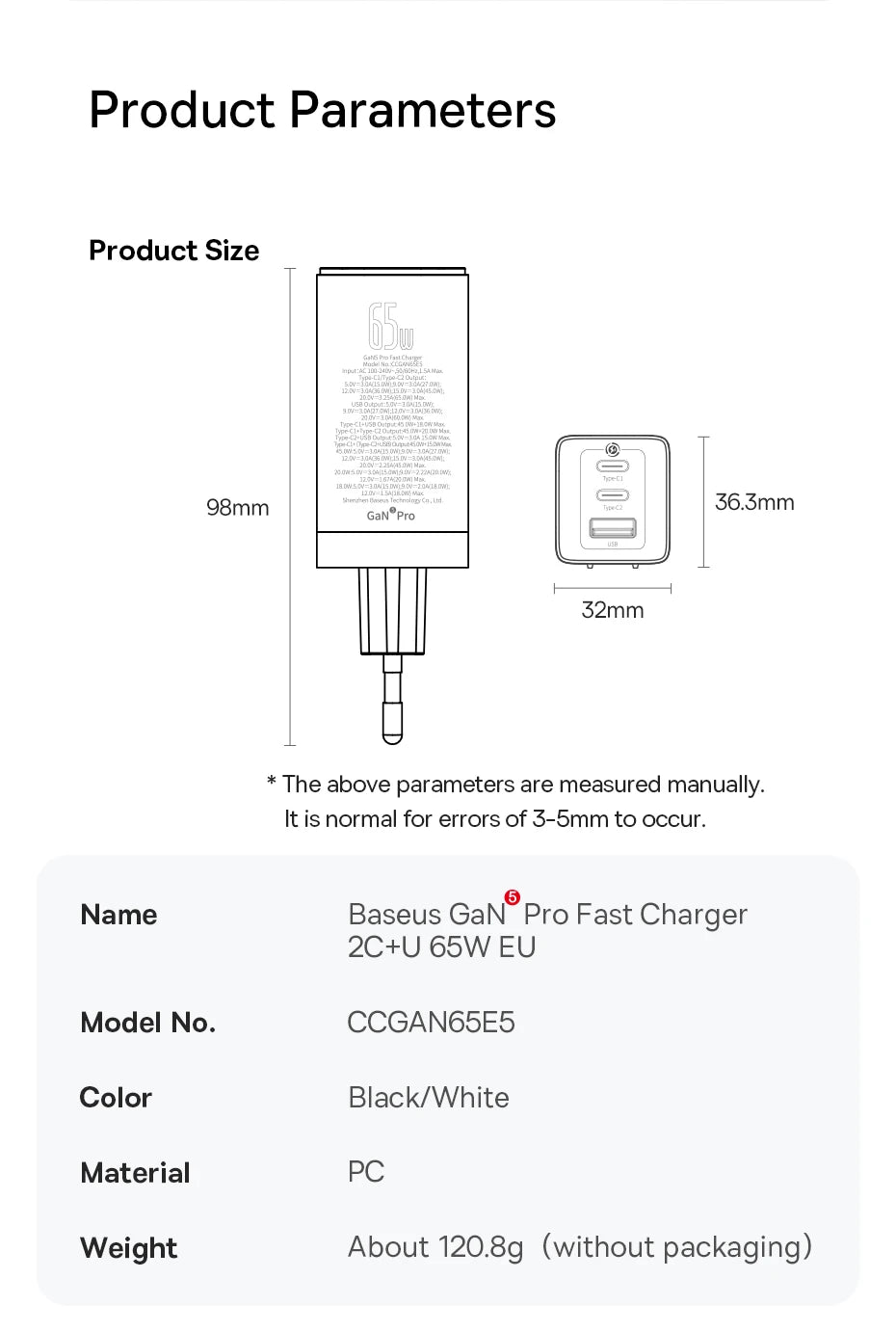 65W GaN USB C Charger Dual Ports Fast Charge Travel - Smarsty