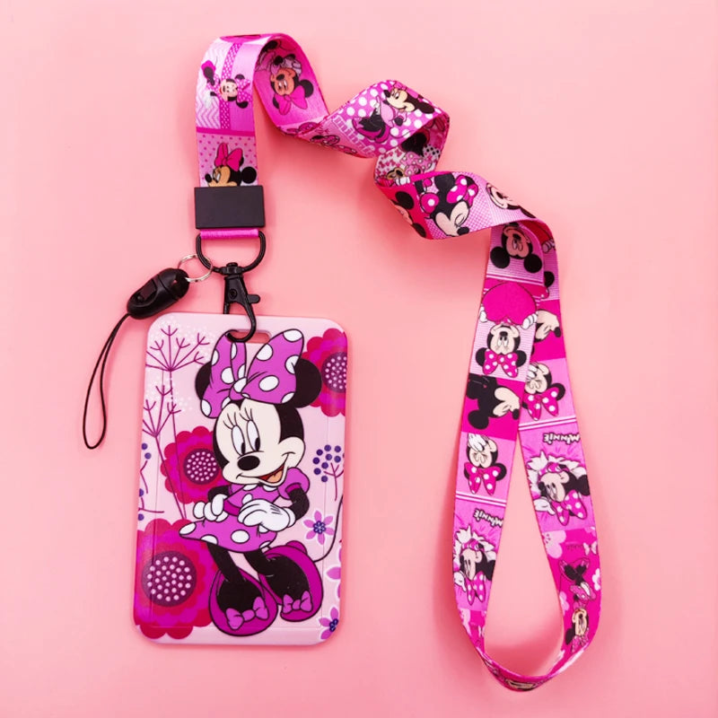 Disney Pink Lanyard ID Badge Holder Mickey Credit Card Case Neck Strap Minnie Card Holders Girl Credentials Accessories Keychain
