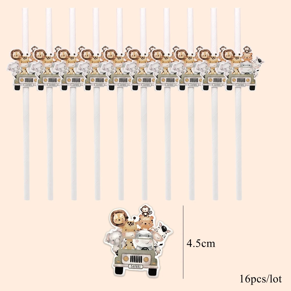 16Pcs Eco-Friendly Wild Animal Paper Straws for Kids Parties - Smarsty